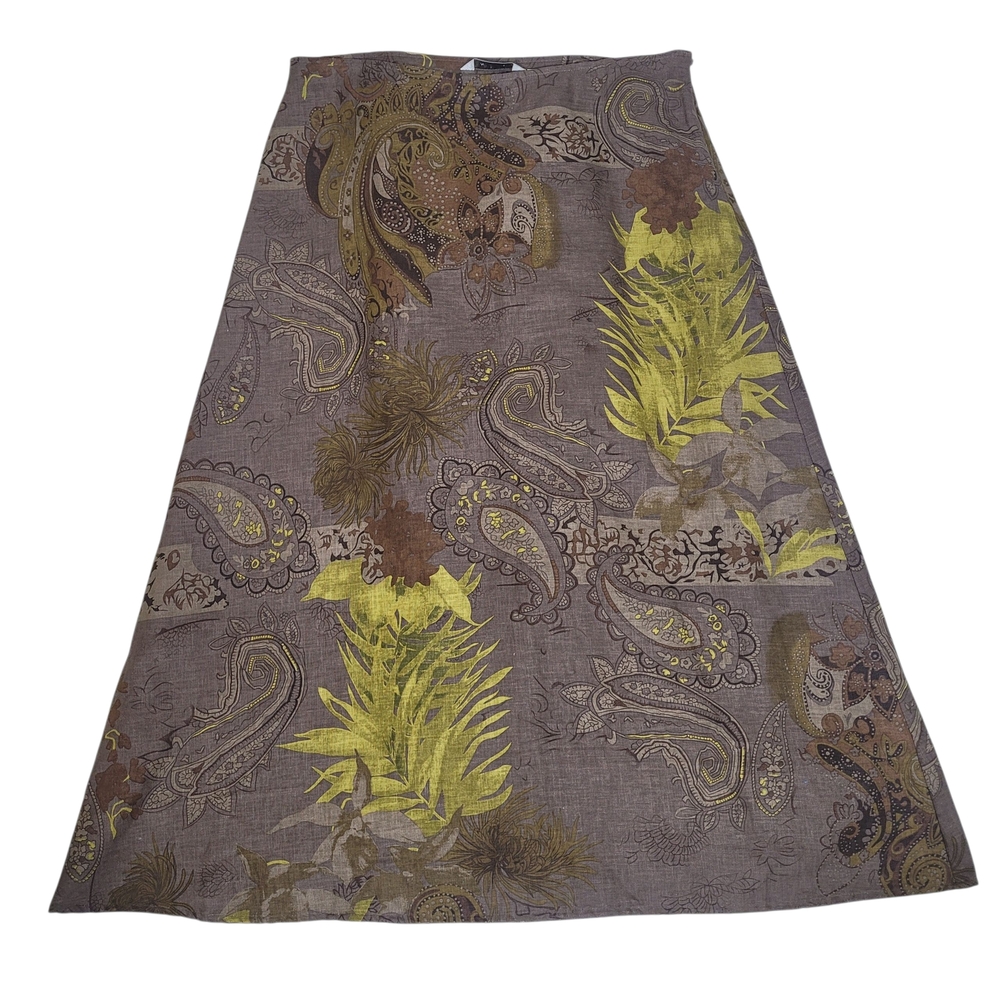 New Tweeds A-Line Linen Blend Paisley Leaf Floral Print Boho Midi Skirt Size 8